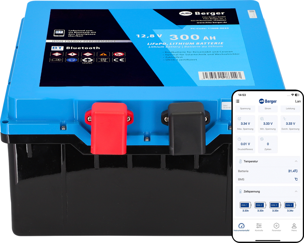 LiFePO4 акумулатор Berger 300 Ah под седалка с Bluetooth и подгрев