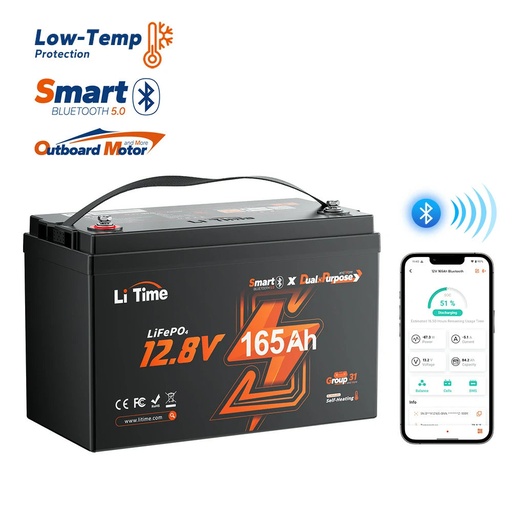 [L12V165-150-DP-BT-CCA1K2-4-A100] LiTime 12V 165Ah Dual Purpose Marine LiFePO4 акумулатор с Bluetooth и подгряване